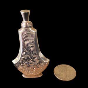 Vtg 1920s Sterling Silver Perfume Bottle, Purse Size Etched, Screw top w/ Dauber